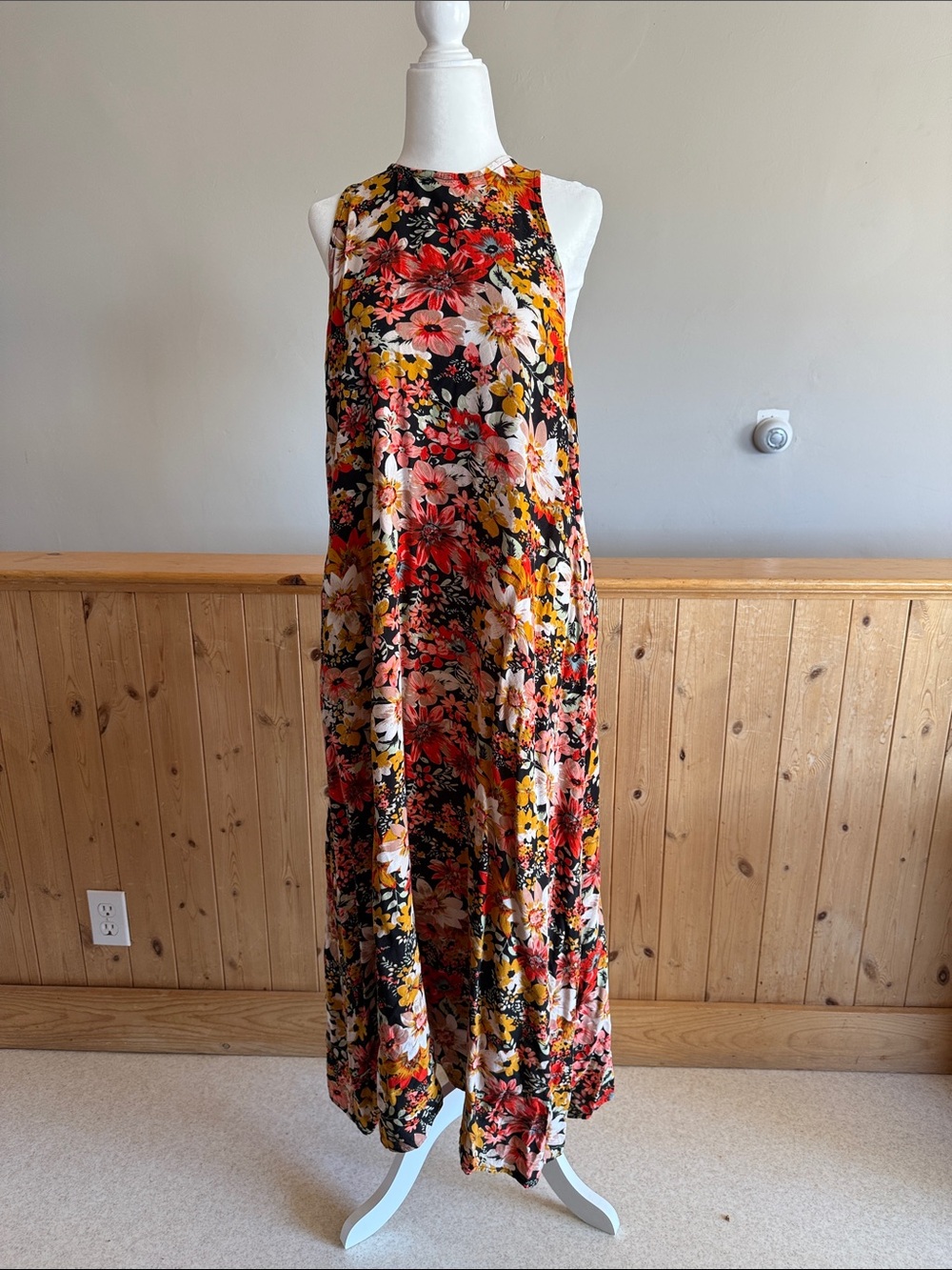 NATURAL LIFE Black Floral Maxi Jumpsuit with Red & Yellow Blooms